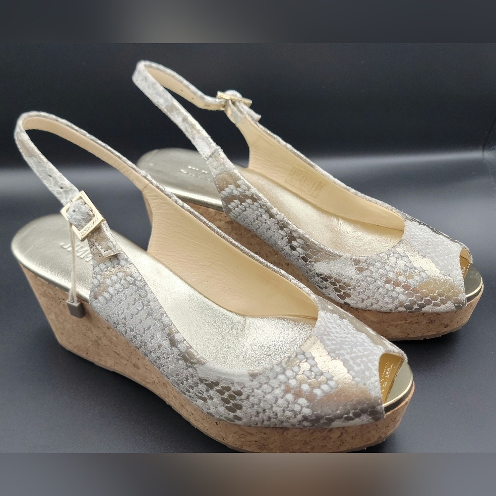 Jimmy Choo Praise metallic snake-effect suede cork wedge slingback sandals